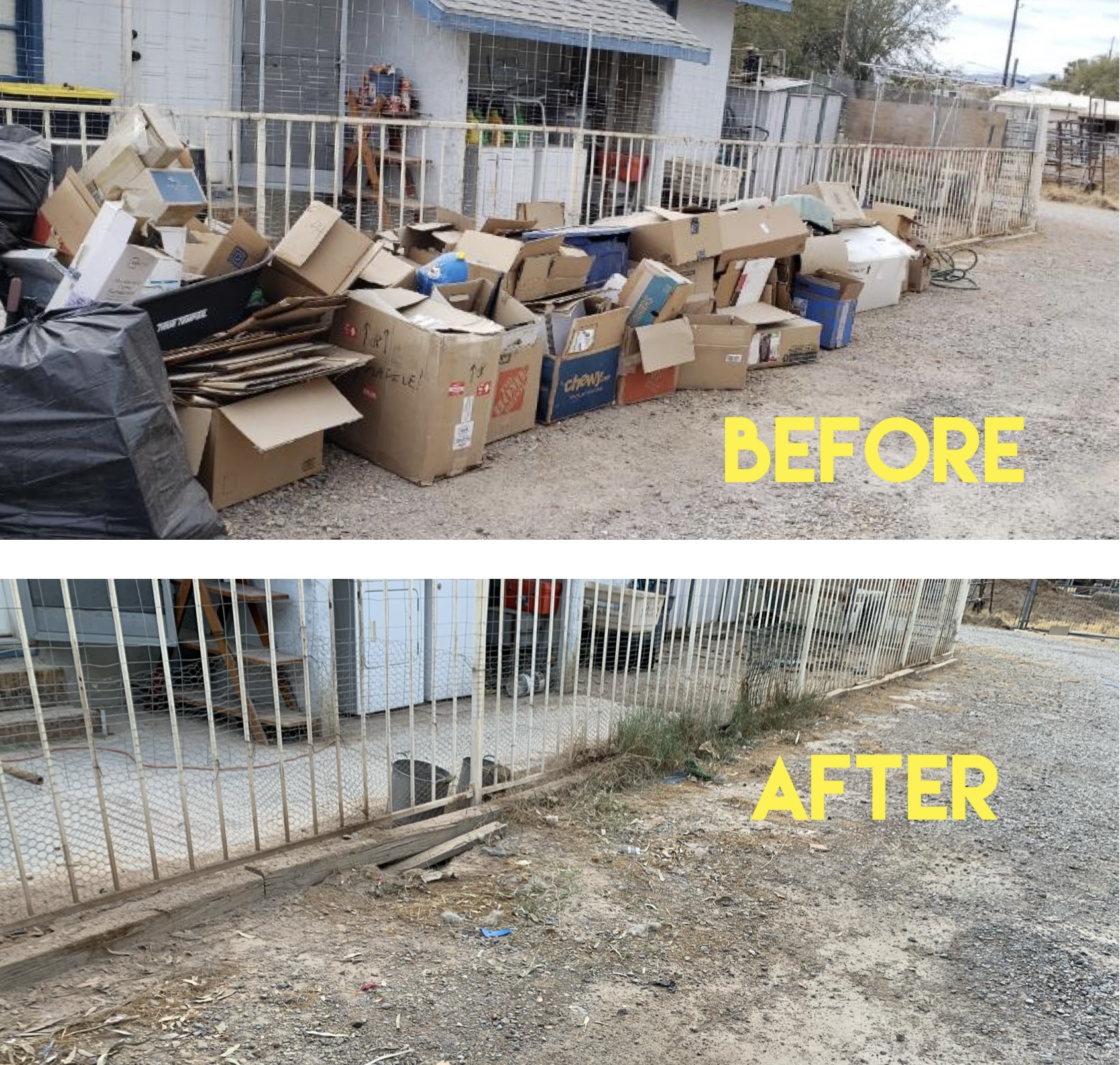 Before and after commercial junk removal Las Vegas – cardboard and debris cleared by Above and Beyond Hauling