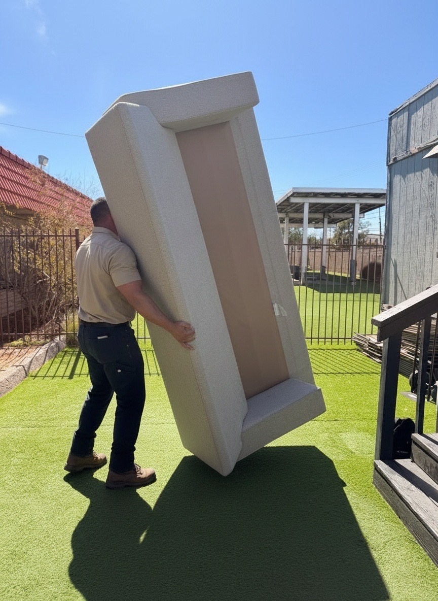 Above and Beyond Hauling team member carrying large upholstered furniture piece during Las Vegas furniture removal