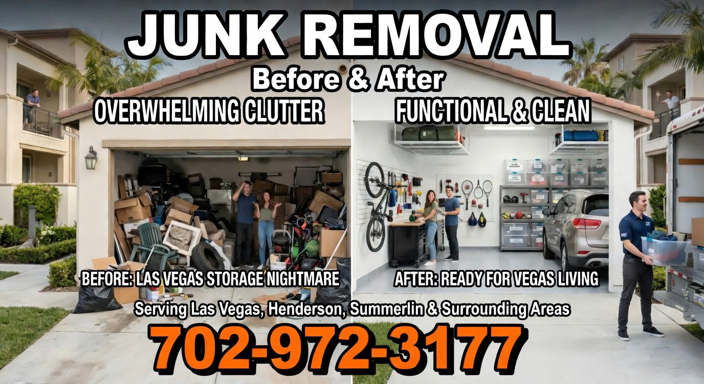 Before and after junk removal Las Vegas – overwhelming garage clutter cleared by Above & Beyond Hauling 702-972-3177