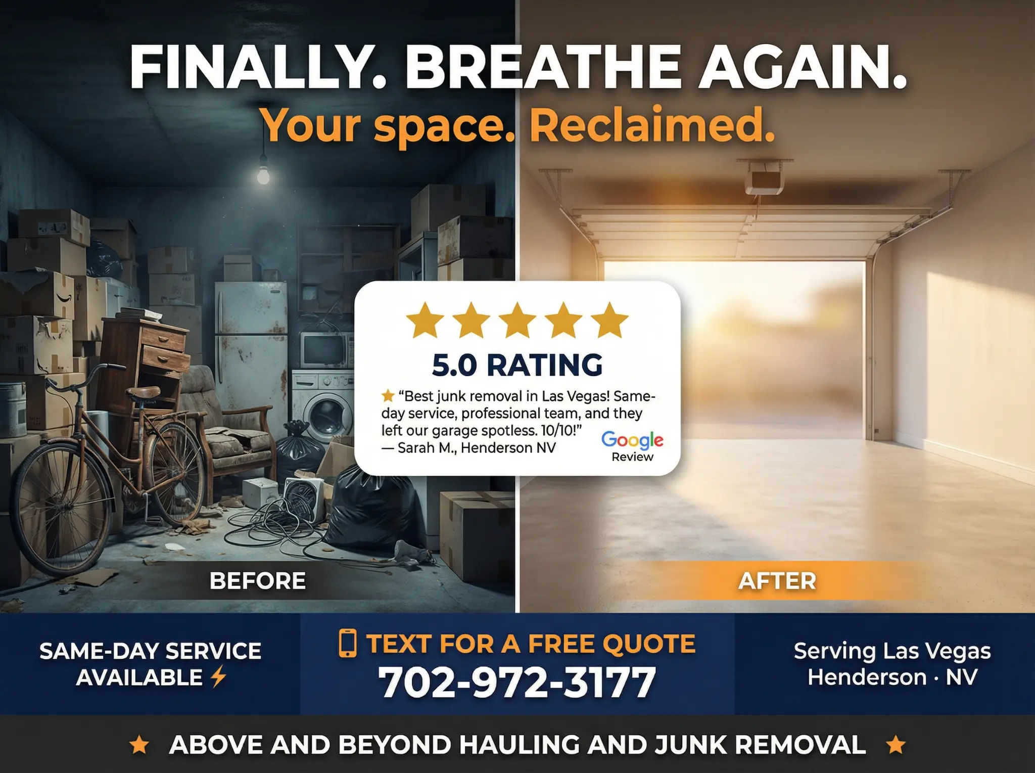 Before and after junk removal Las Vegas – garage cleared to spotless by Above and Beyond Hauling 702-972-3177
